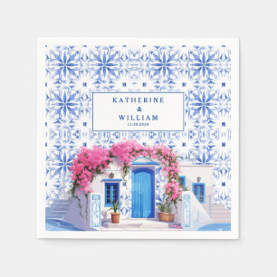 Watercolor Santorini Greece wedding blue and white Napkins