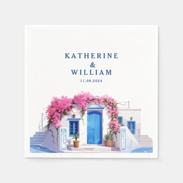 Watercolor Santorini Greece wedding blue and white Napkins (Front)