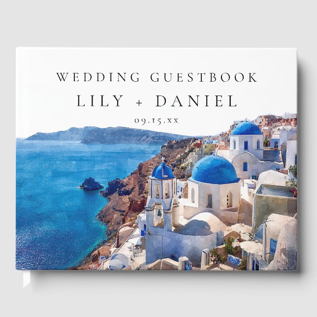 Watercolor Santorini Greece Wedding Guest Book (Front)
