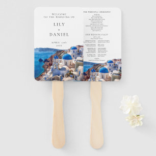 Watercolor Santorini Greece Wedding Program Hand Fan
