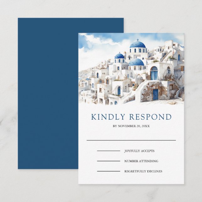Watercolor Santorini Greece Wedding RSVP Card (Front/Back)
