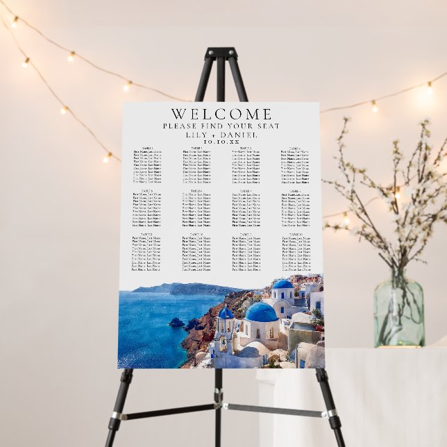 Watercolor Santorini Greece Wedding Seating Chart Foam Board (In Situ (Stand))