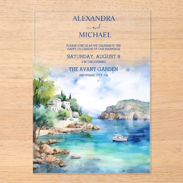 Watercolor Santorini Greek Wedding Acrylic Invitations (Front)