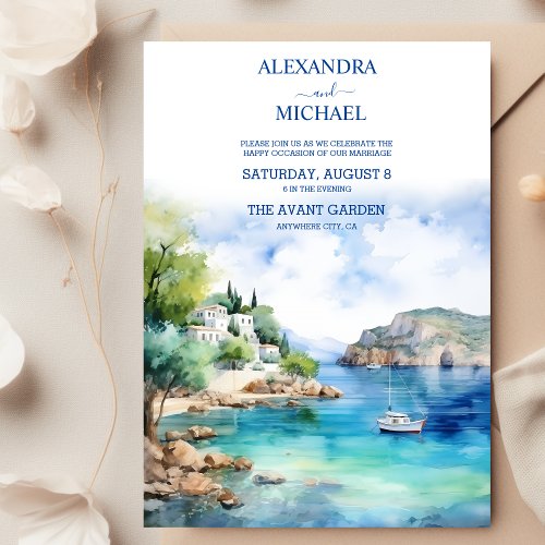 Watercolor Santorini Greek Wedding Invitation