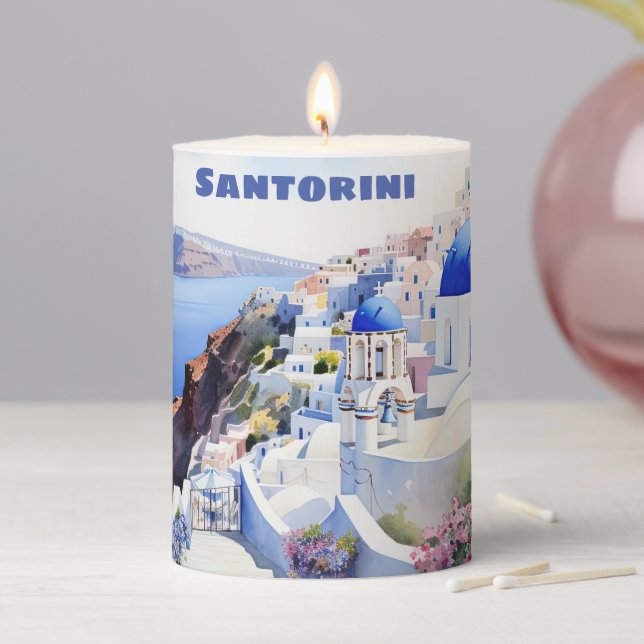 Watercolor Santorini Oia  Pillar Candle (In Situ)