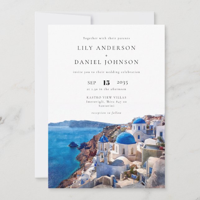 Watercolor Santorini QR Code Greece Wedding Invitation (Front)