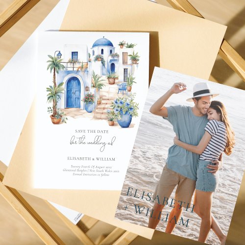 Watercolor Santorini Wedding Custom Photo Invitation