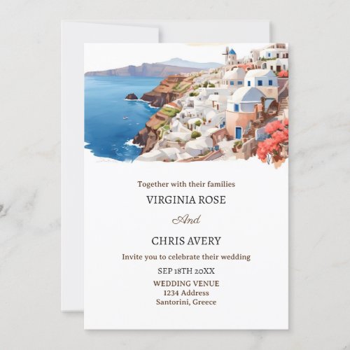 Watercolor santorini wedding invitations