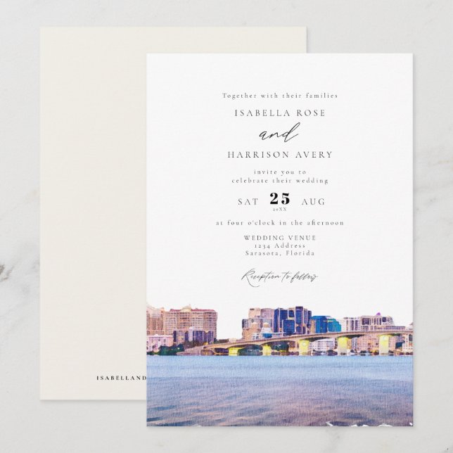 Watercolor Sarasota Florida Skyline Paint Wedding Invitation (Front/Back)