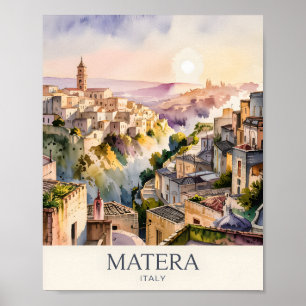 Watercolor Sassi di Matera Travel Italy Cave City Poster