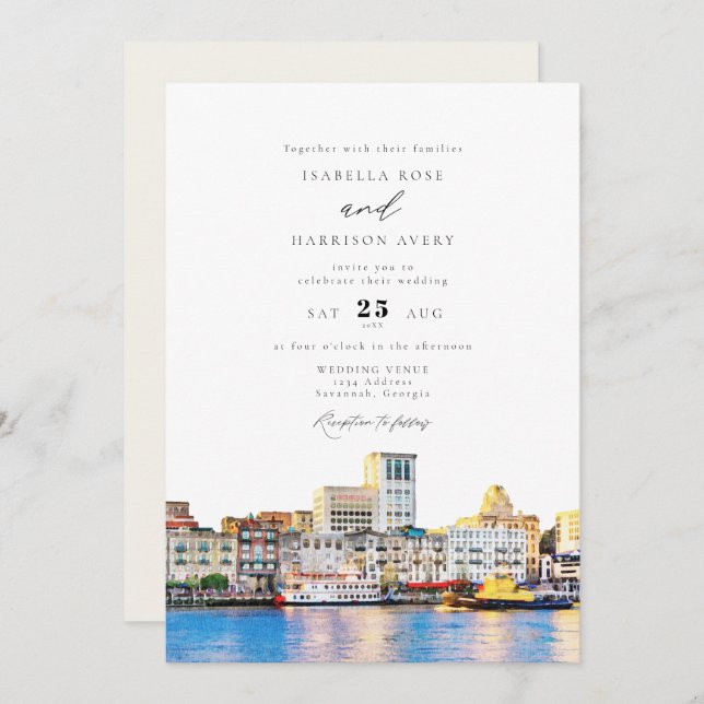 Watercolor Savannah Georgia Skyline Paint Wedding Invitation (Front/Back)