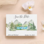 Watercolor Save the Date Mountain Forest River Announcement Postcard<br><div class="desc">This design may be personalized in the area provided by changing the photo and/or text. Or it can be customized by clicking Personalize this Template and then choosing the click to customize further option and delete or change the color of the background, add text, change the text color or style,...</div>