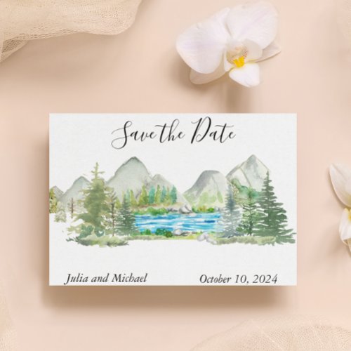 Watercolor Save the Date Mountain Forest River Announcement Postcard