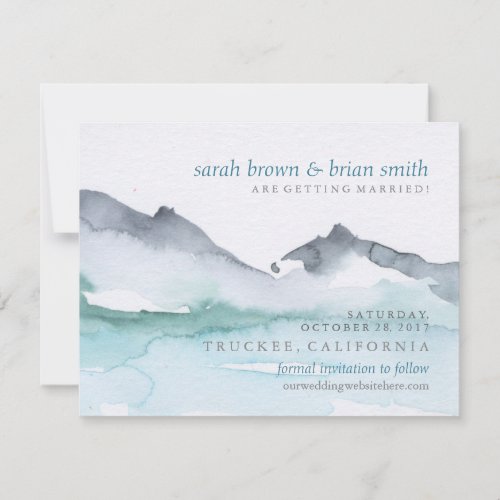 Watercolor Save the Date Mountainside Lake Wedding