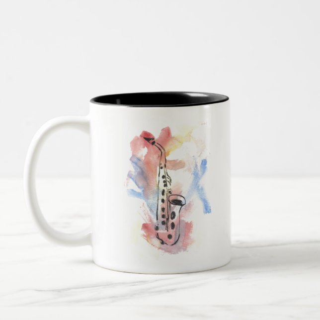 Watercolor saxophone colorful Two-Tone coffee mug (Left)