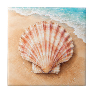 Watercolor Scallop Shell on the Beach Ceramic Tile