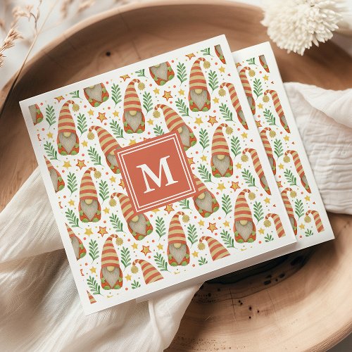 Watercolor Scandinavian Gnome Monogram Christmas Napkins