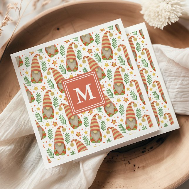 Watercolor Scandinavian Gnome Monogram Christmas Napkins (Creator Uploaded)