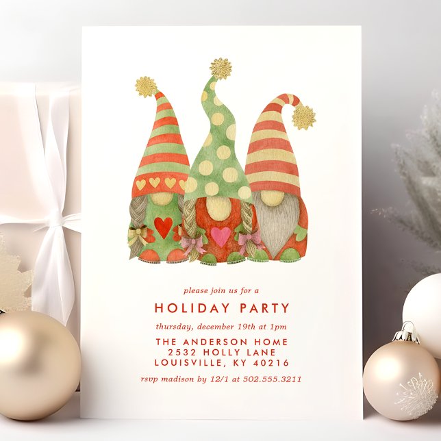 Watercolor Scandinavian Gnomes Holiday Party Card (Creator Uploaded)