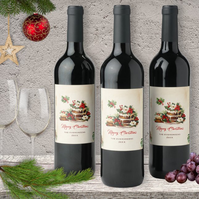 Watercolor Scandinavian Leaves Merry Christmas Wine Label (Creator Uploaded)