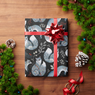 Watercolor Scanidnavian Nordic Fox on Black Wrapping Paper