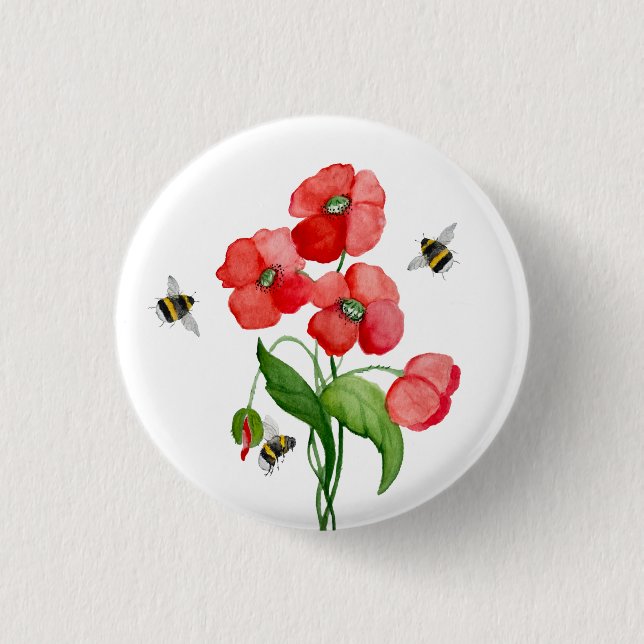 Watercolor scarlet poppy flowers and cute bumblebe button (Front)