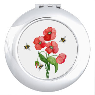 Watercolor scarlet poppy flowers and cute bumblebe compact mirror