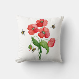 Watercolor scarlet poppy flowers and cute bumblebe throw pillow