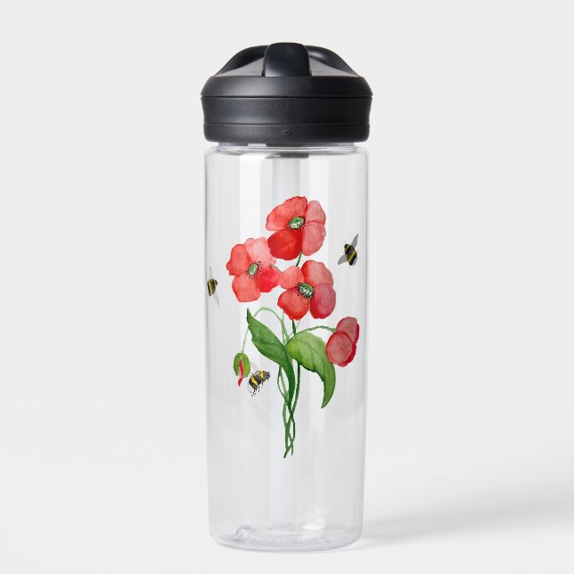 Watercolor scarlet poppy flowers and cute bumblebe water bottle (Front)
