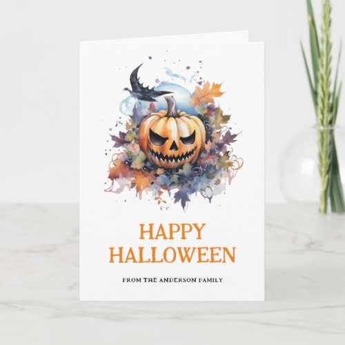 Watercolor Scary Pumpkin Photo Happy Halloween Card