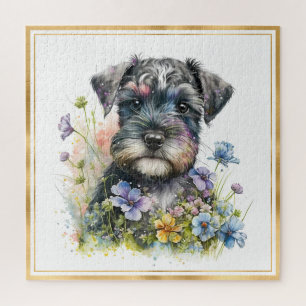 Watercolor Schnauzer Puppy with Gold Frame Jigsaw Puzzle