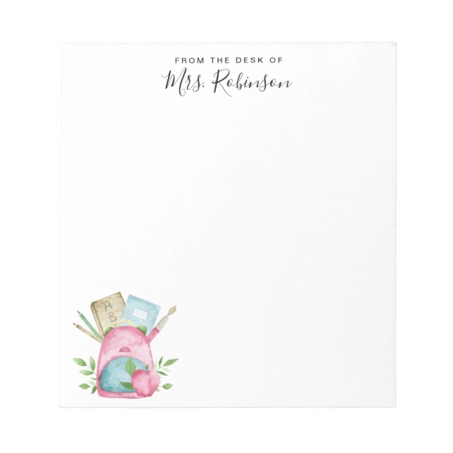 Watercolor School Bag Book Apple Pencil Teacher Notepad (Front)