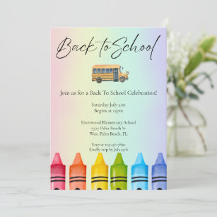 Watercolor School Bus Rainbow Back to School  Invitation