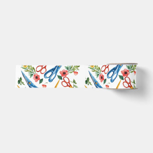 Watercolor Scissors & Wildflowers Seamless Pattern Grosgrain Ribbon