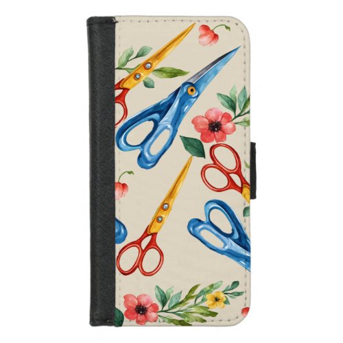 Watercolor Scissors & Wildflowers Seamless Pattern iPhone 8/7 Wallet Case