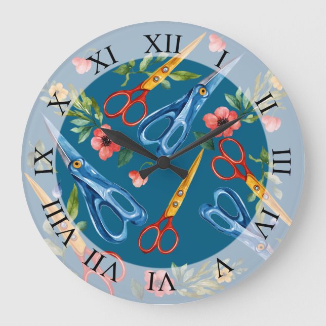 Watercolor Scissors & Wildflowers Seamless Pattern Large Clock (Front)