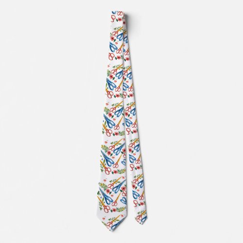 Watercolor Scissors & Wildflowers Seamless Pattern Neck Tie