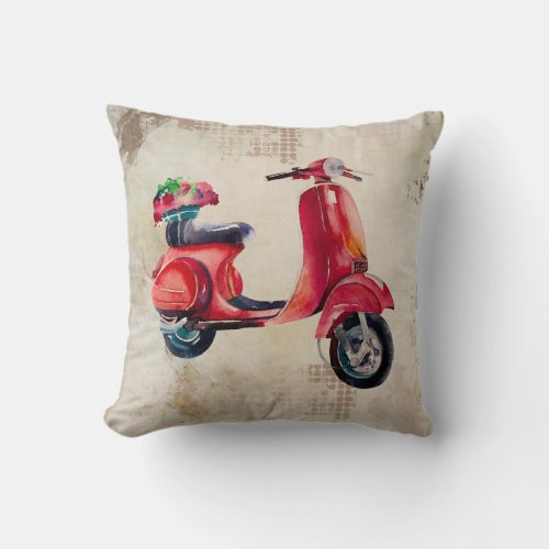 Watercolor Scooter in Red With Flowers On The Back Throw Pillow