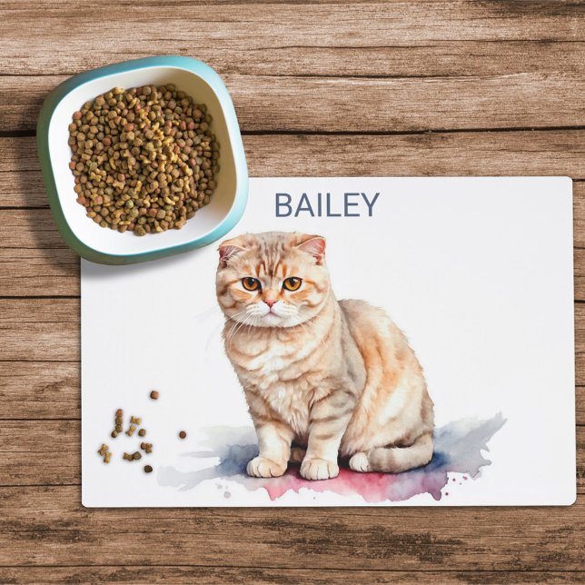 Watercolor Scottish Fold Cat Custom Cat Food Mat (Creator Uploaded)