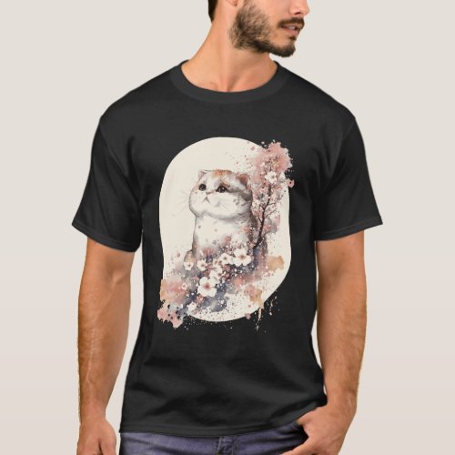 Watercolor Scottish Fold Cat Japanese Cherry Bloss T-Shirt