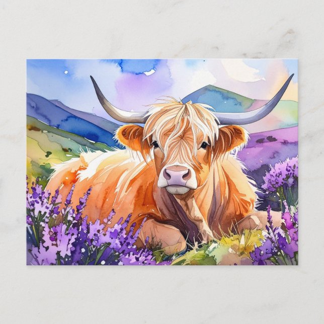 Watercolor Scottish Highland Cow Postcard (Front)