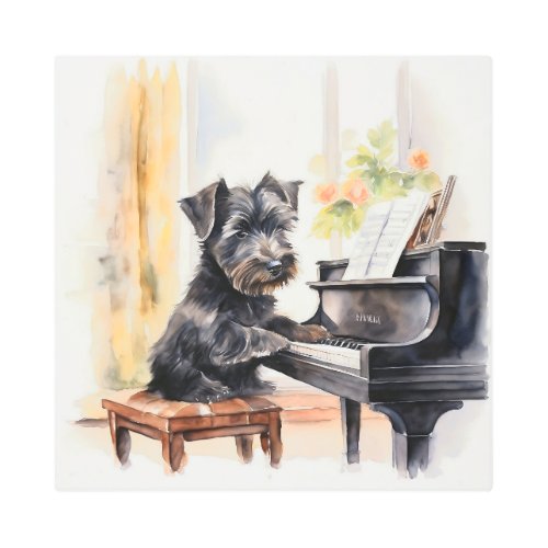 Watercolor Scottish Terrier Puppy Playing Piano  Metal Print