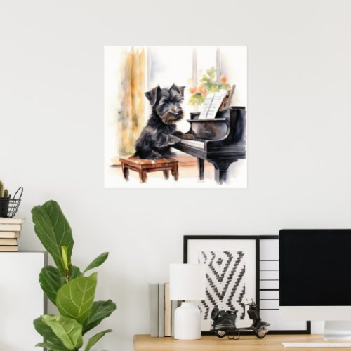 Watercolor Scottish Terrier Puppy Playing Piano  Poster