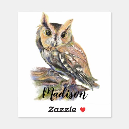 Watercolor Screech Owl Bird Nature Custom Name Sticker