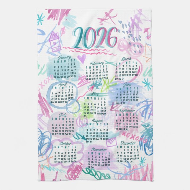 Watercolor Scribbles Calendar Tea Towel 2026 (Vertical)