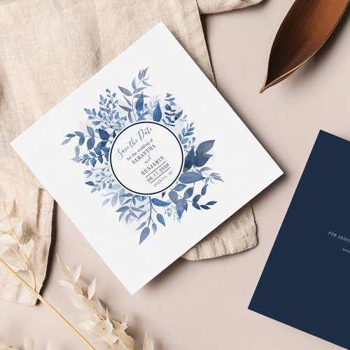 Watercolor Script Foliage Navy Blue Save the Date Note Card