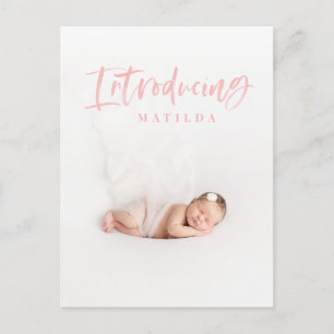 Watercolor script text photo birth announcement postcard