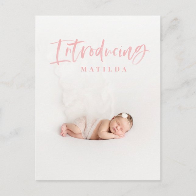 Watercolor script text photo birth announcement postcard (Front)