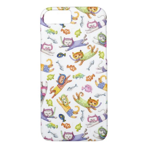 Watercolor Scuba Diving Cats Pattern iPhone 87 Case