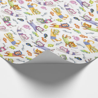 Watercolor Scuba Diving Cats Pattern Wrapping Paper